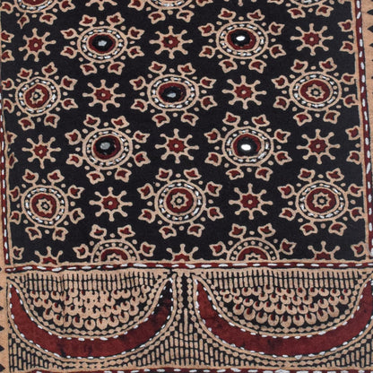 Ajrakh Cotton Natural Dye Small Mirror Work Hand Block Print Yoke Fabric Applique Patch For Kurta - 37 cms Length    -  SKU : ID18803N