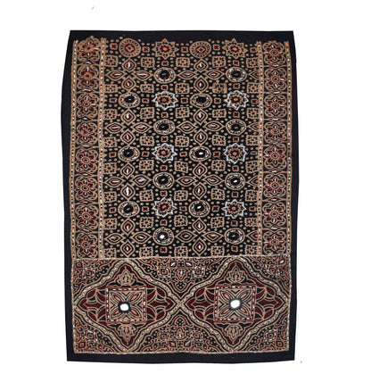 Ajrakh Cotton Natural Dye Small Mirror Work Hand Block Print Yoke Fabric Applique Patch For Kurta - 37 cms Length    -  SKU : ID18803O