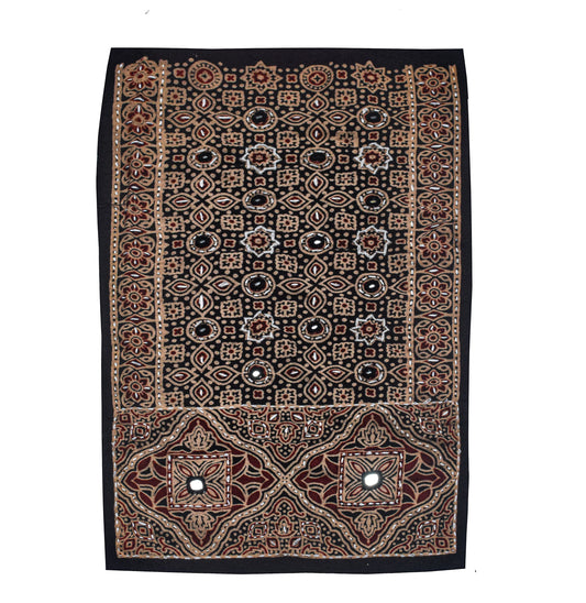 Ajrakh Cotton Natural Dye Small Mirror Work Hand Block Print Yoke Fabric Applique Patch For Kurta - 37 cms Length    -  SKU : ID18803O