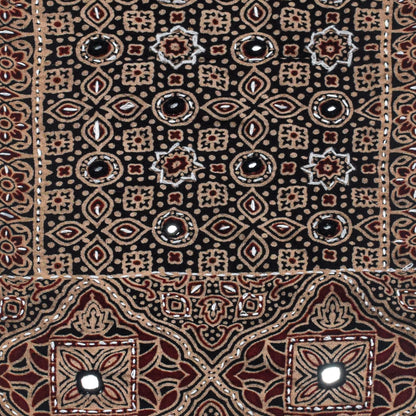 Ajrakh Cotton Natural Dye Small Mirror Work Hand Block Print Yoke Fabric Applique Patch For Kurta - 37 cms Length    -  SKU : ID18803O