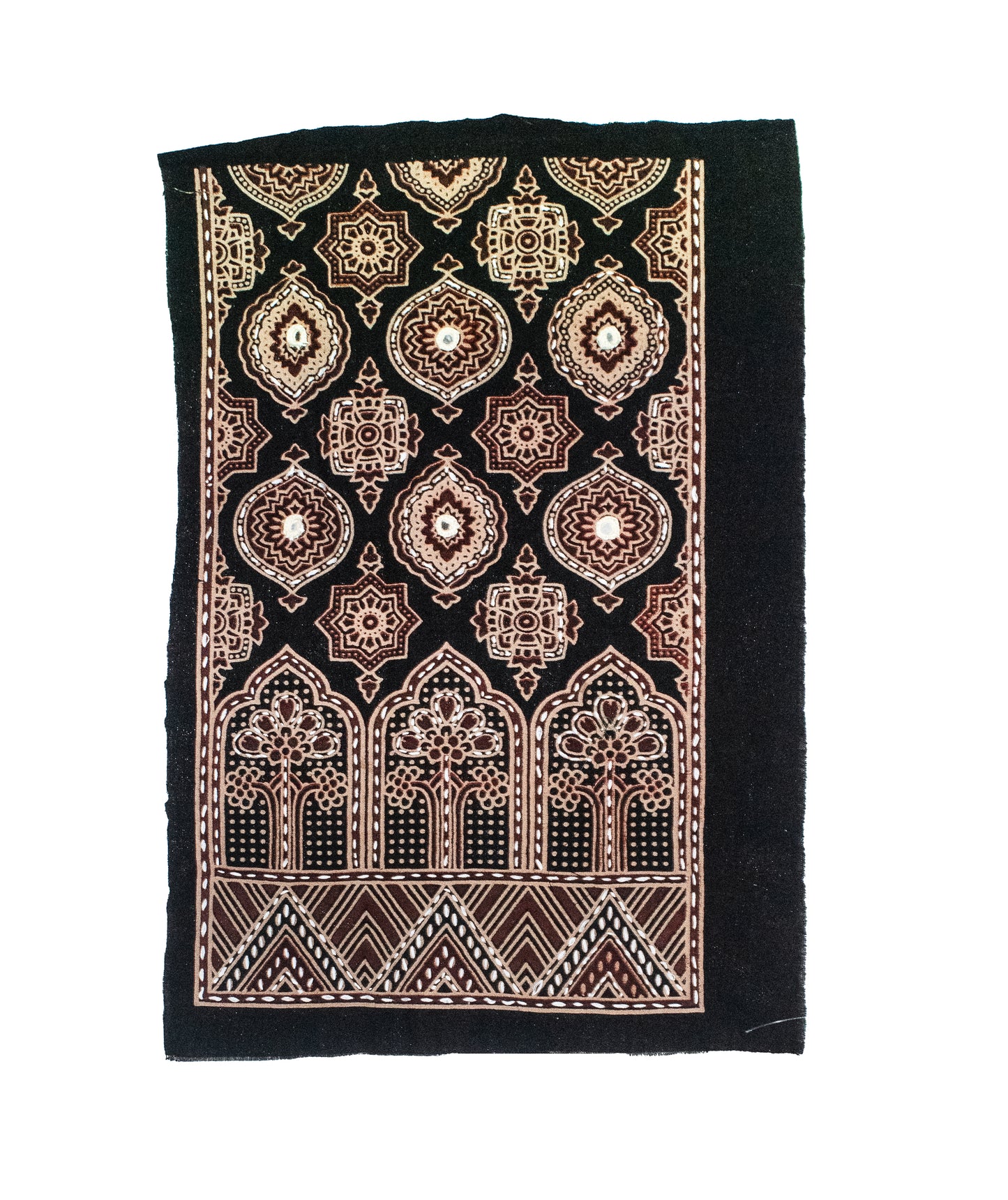 Ajrakh Cotton Natural Dye Small Mirror Work Hand Block Print Yoke Fabric Applique Patch For Kurta - 37 cms Length    -  SKU : ID18A03J