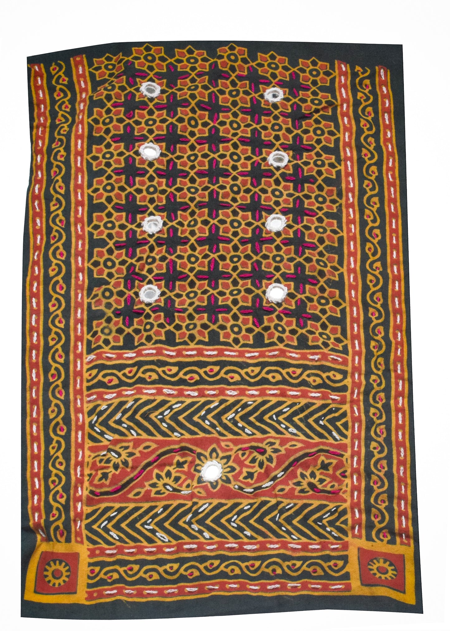 Ajrakh Cotton Natural Dye Small Mirror Work Hand Block Print Yoke Fabric Applique Patch For Kurta - 37 cms Length    -  SKU : ID18803U