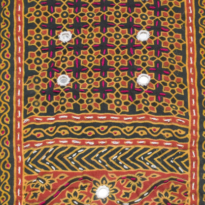 Ajrakh Cotton Natural Dye Small Mirror Work Hand Block Print Yoke Fabric Applique Patch For Kurta - 37 cms Length    -  SKU : ID18803U