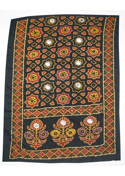 Ajrakh Cotton Natural Dye Small Mirror Work Hand Block Print Yoke Fabric Applique Patch For Kurta - 37 cms Length    -  SKU : ID18803V