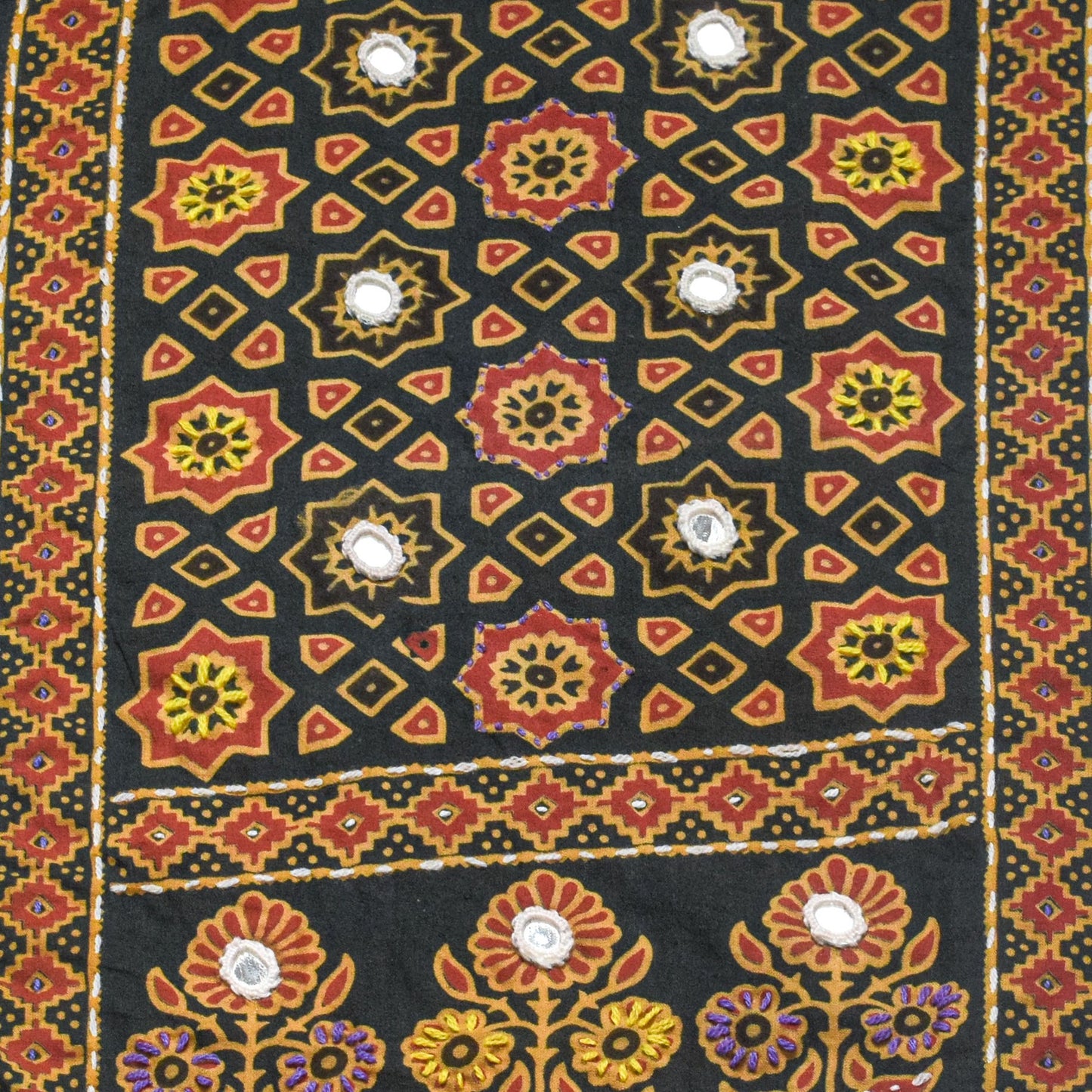 Ajrakh Cotton Natural Dye Small Mirror Work Hand Block Print Yoke Fabric Applique Patch For Kurta - 37 cms Length    -  SKU : ID18803V