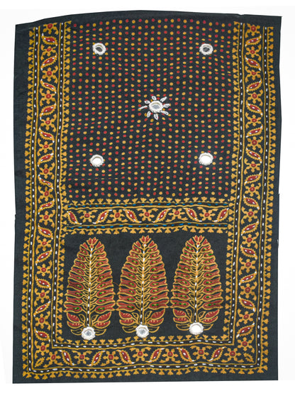 Ajrakh Cotton Natural Dye Small Mirror Work Hand Block Print Yoke Fabric Applique Patch For Kurta - 37 cms Length    -  SKU : ID18803W