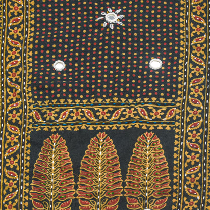 Ajrakh Cotton Natural Dye Small Mirror Work Hand Block Print Yoke Fabric Applique Patch For Kurta - 37 cms Length    -  SKU : ID18803W