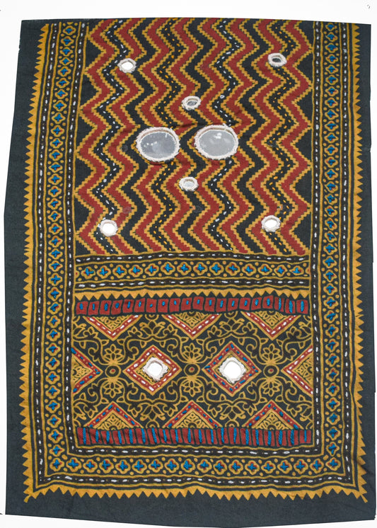 Ajrakh Cotton Natural Dye Small Mirror Work Hand Block Print Yoke Fabric Applique Patch For Kurta - 37 cms Length    -  SKU : ID18803X