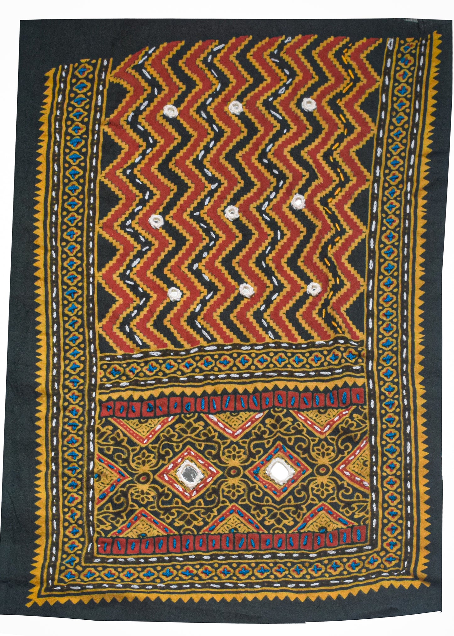 Ajrakh Cotton Natural Dye Small Mirror Work Hand Block Print Yoke Fabric Applique Patch For Kurta - 37 cms Length    -  SKU : ID18803X