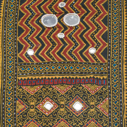 Ajrakh Cotton Natural Dye Small Mirror Work Hand Block Print Yoke Fabric Applique Patch For Kurta - 37 cms Length    -  SKU : ID18803X