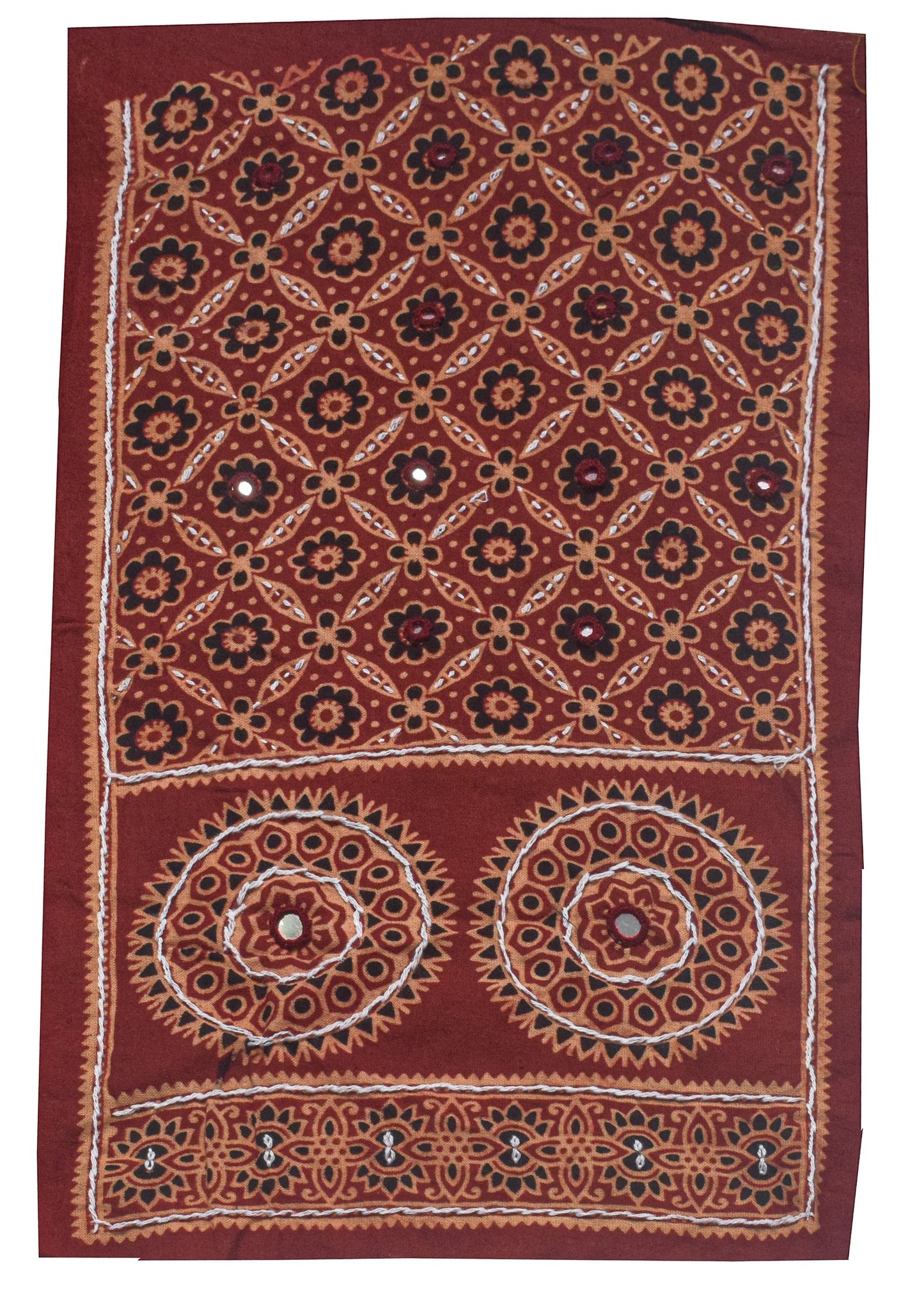Ajrakh Cotton Natural Dye Small Mirror Work Hand Block Print Yoke Fabric Applique Patch For Kurta - 37 cms Length    -  SKU : ID18803A