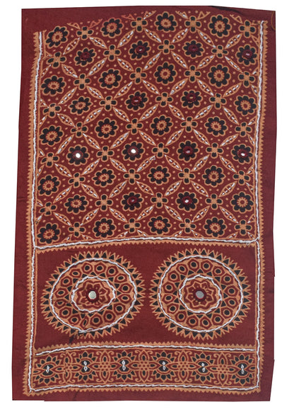 Ajrakh Cotton Natural Dye Small Mirror Work Hand Block Print Yoke Fabric Applique Patch For Kurta - 37 cms Length    -  SKU : ID18803A