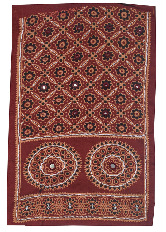 Ajrakh Cotton Natural Dye Small Mirror Work Hand Block Print Yoke Fabric Applique Patch For Kurta - 37 cms Length    -  SKU : ID18803A