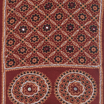 Ajrakh Cotton Natural Dye Small Mirror Work Hand Block Print Yoke Fabric Applique Patch For Kurta - 37 cms Length    -  SKU : ID18803A