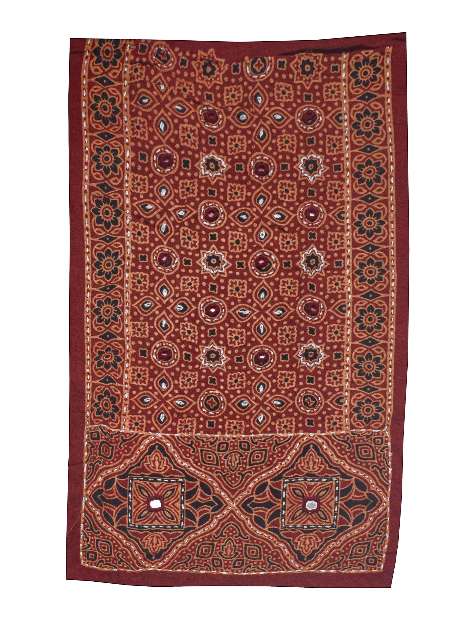 Ajrakh Cotton Natural Dye Small Mirror Work Hand Block Print Yoke Fabric Applique Patch For Kurta - 37 cms Length    -  SKU : ID18803F