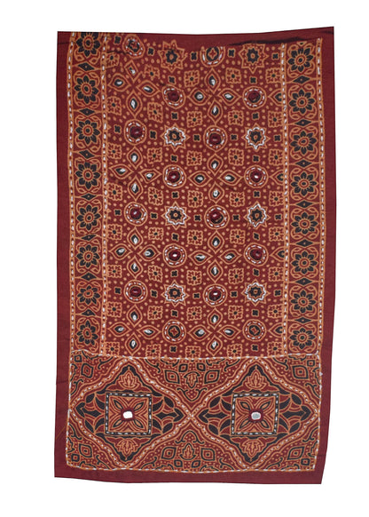 Ajrakh Cotton Natural Dye Small Mirror Work Hand Block Print Yoke Fabric Applique Patch For Kurta - 37 cms Length    -  SKU : ID18803F