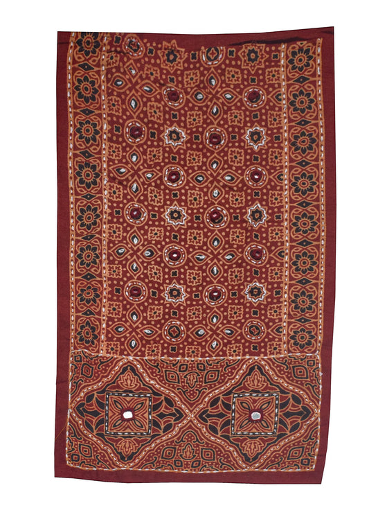 Ajrakh Cotton Natural Dye Small Mirror Work Hand Block Print Yoke Fabric Applique Patch For Kurta - 37 cms Length    -  SKU : ID18803F