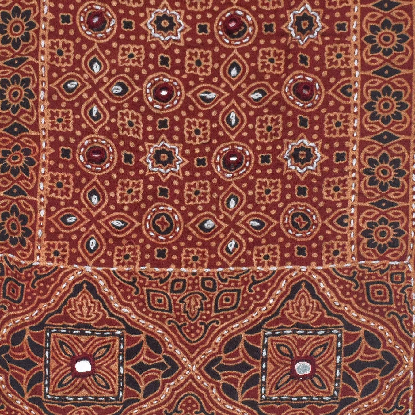 Ajrakh Cotton Natural Dye Small Mirror Work Hand Block Print Yoke Fabric Applique Patch For Kurta - 37 cms Length    -  SKU : ID18803F