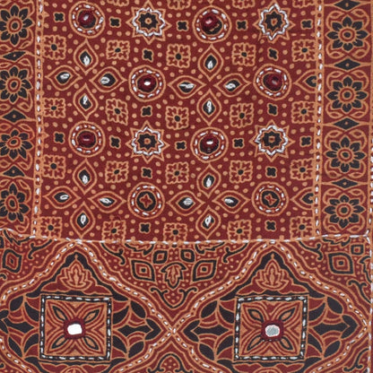 Ajrakh Cotton Natural Dye Small Mirror Work Hand Block Print Yoke Fabric Applique Patch For Kurta - 37 cms Length    -  SKU : ID18803F