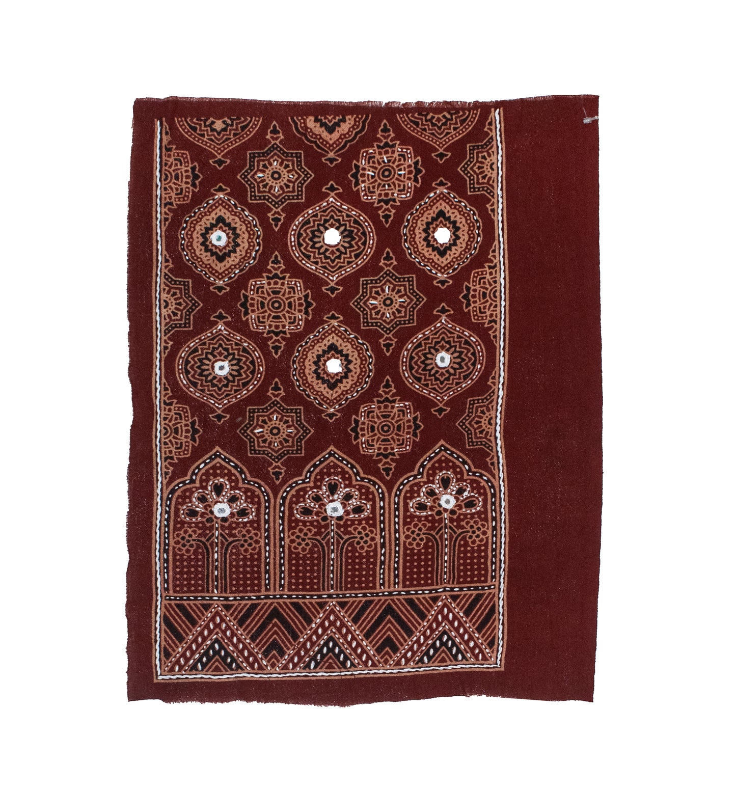 Ajrakh Cotton Natural Dye Small Mirror Work Hand Block Print Yoke Fabric Applique Patch For Kurta - 37 cms Length    -  SKU : ID18A03H