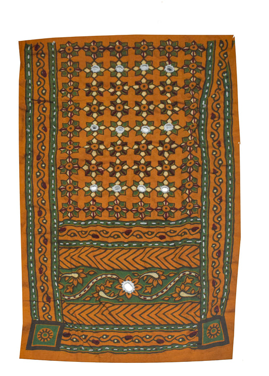 Ajrakh Cotton Natural Dye Small Mirror Work Hand Block Print Yoke Fabric Applique Patch For Kurta - 37 cms Length    -  SKU : ID18803Q