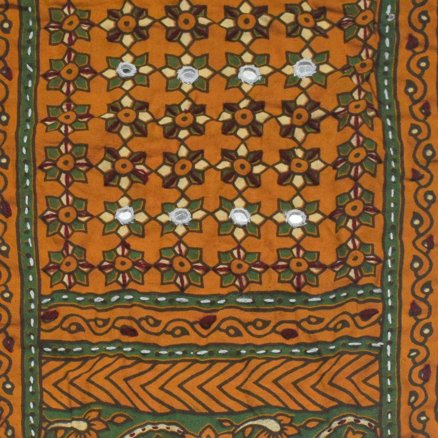 Ajrakh Cotton Natural Dye Small Mirror Work Hand Block Print Yoke Fabric Applique Patch For Kurta - 37 cms Length    -  SKU : ID18803Q