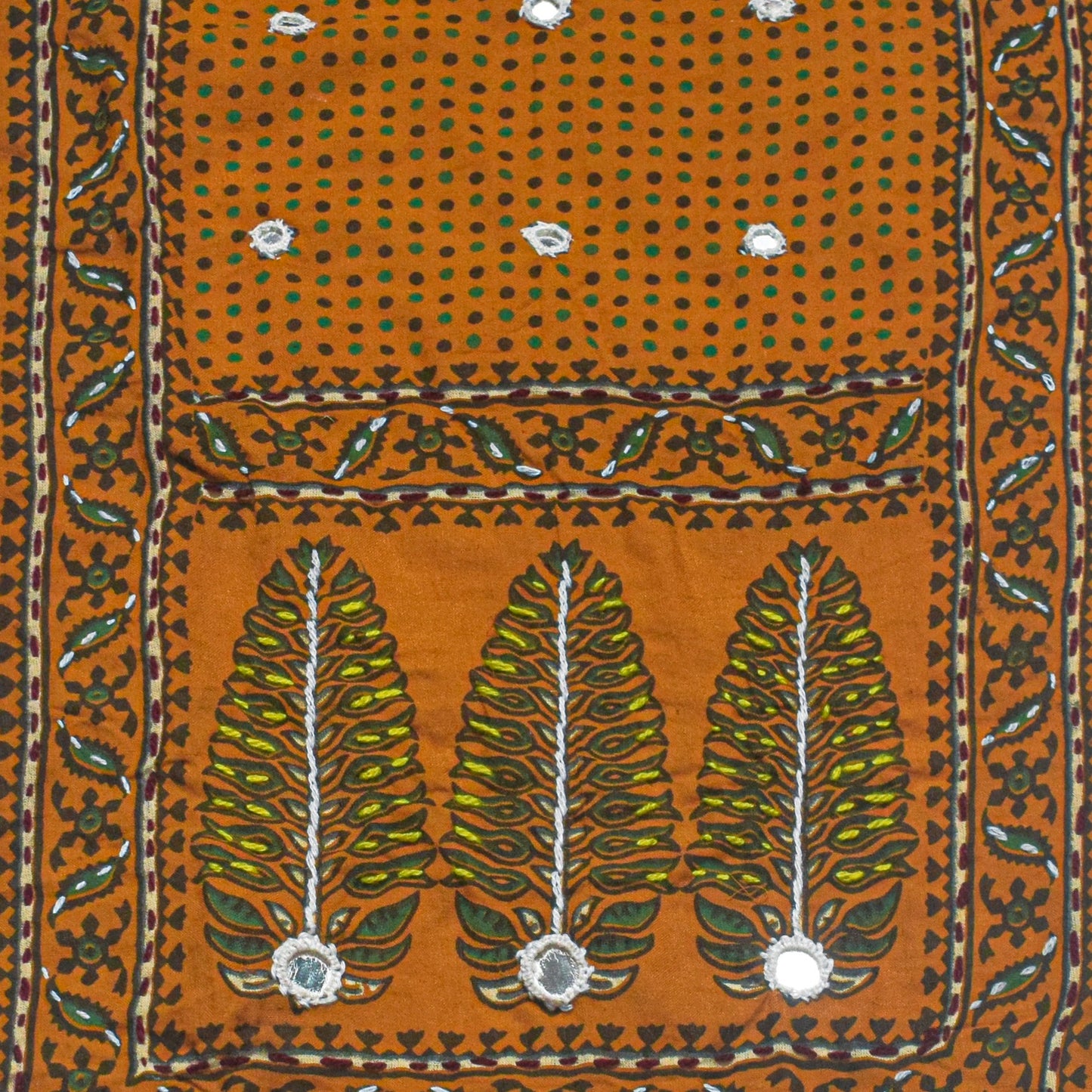 Ajrakh Cotton Natural Dye Small Mirror Work Hand Block Print Yoke Fabric Applique Patch For Kurta - 37 cms Length    -  SKU : ID18803R