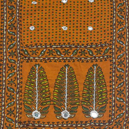 Ajrakh Cotton Natural Dye Small Mirror Work Hand Block Print Yoke Fabric Applique Patch For Kurta - 37 cms Length    -  SKU : ID18803R