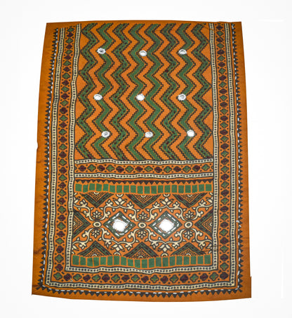 Ajrakh Cotton Natural Dye Small Mirror Work Hand Block Print Yoke Fabric Applique Patch For Kurta - 37 cms Length    -  SKU : ID18803S