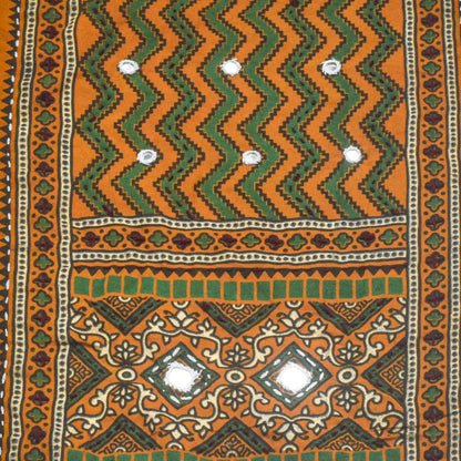 Ajrakh Cotton Natural Dye Small Mirror Work Hand Block Print Yoke Fabric Applique Patch For Kurta - 37 cms Length    -  SKU : ID18803S