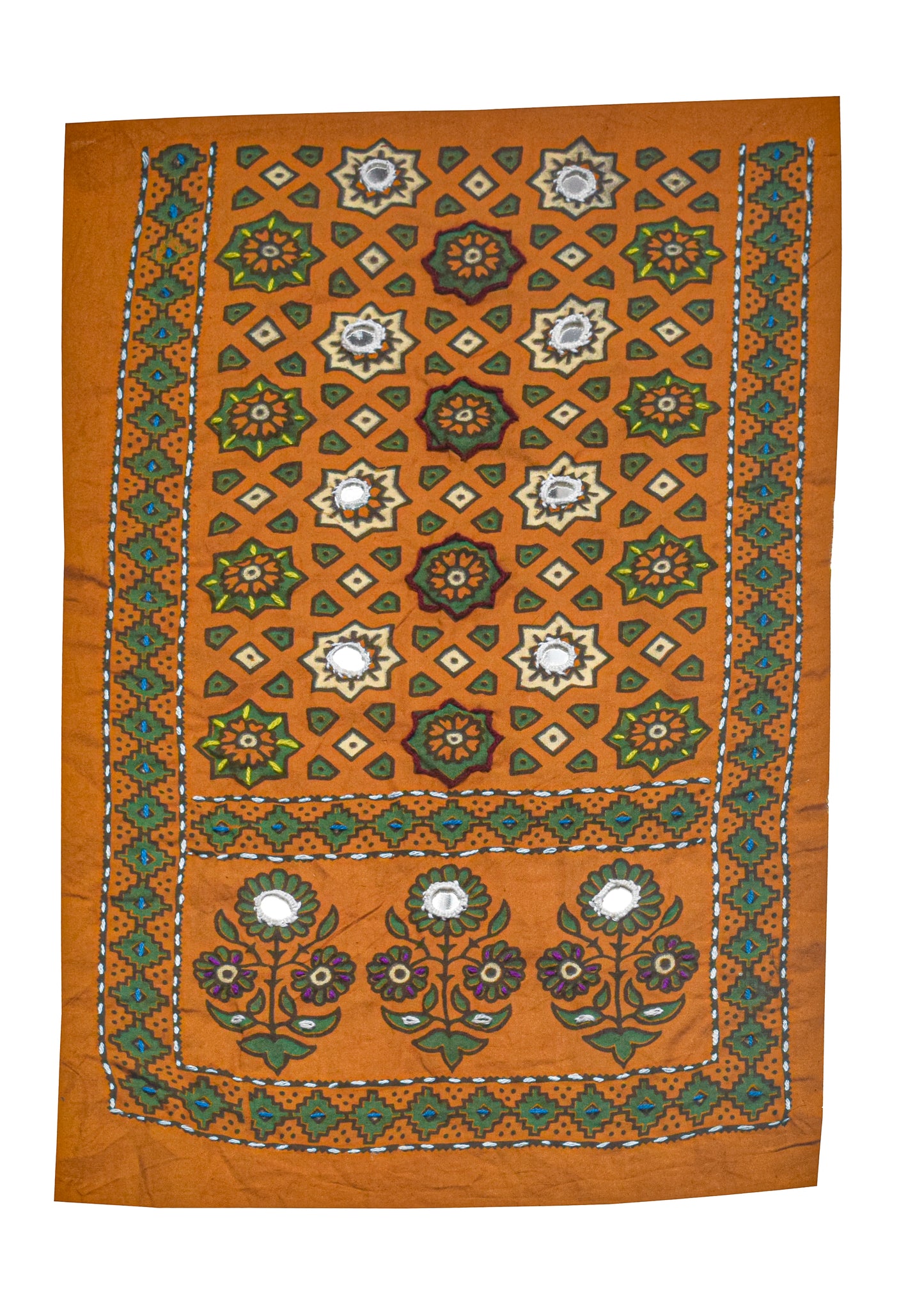 Ajrakh Cotton Natural Dye Small Mirror Work Hand Block Print Yoke Fabric Applique Patch For Kurta - 37 cms Length    -  SKU : ID18803T