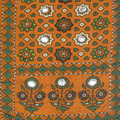 Ajrakh Cotton Natural Dye Small Mirror Work Hand Block Print Yoke Fabric Applique Patch For Kurta - 37 cms Length    -  SKU : ID18803T