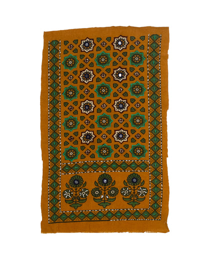 Ajrakh Cotton Natural Dye Small Mirror Work Hand Block Print Yoke Fabric Applique Patch For Kurta - 37 cms Length    -  SKU : ID18A03L