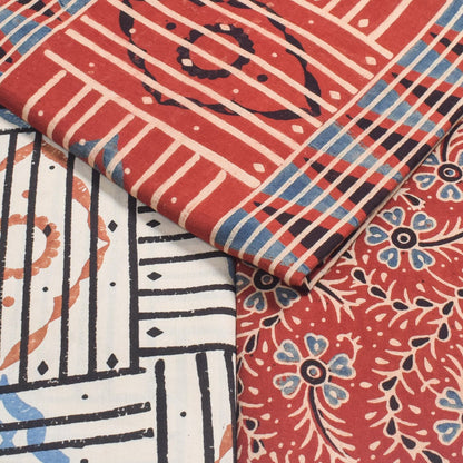 Ajrakh Cotton Natural Dye Three Colour Print | 3 Kam | Hand Block Print Dress Material with 44 Inch wide Dupatta - 2.5 Mt Top   -  SKU : AI03701J