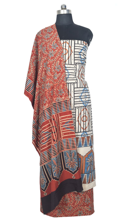 Ajrakh Cotton Natural Dye Three Colour Print | 3 Kam | Hand Block Print Dress Material with 44 Inch wide Dupatta - 2.5 Mt Top   -  SKU : AI03701J