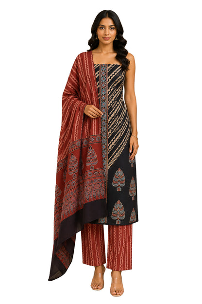 Ajrakh Cotton Natural Dye Three Colour Full Printed Hand Block Print Dress Material with 44 Inch wide Dupatta - 2.5 Mt Top    -  SKU : AI03501A