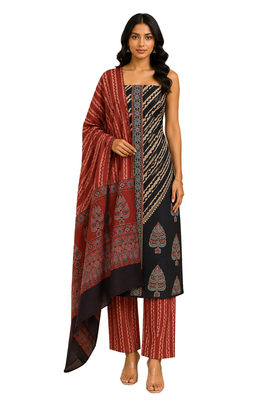 Ajrakh Cotton Natural Dye Three Colour Full Printed Hand Block Print Dress Material with 44 Inch wide Dupatta - 2.5 Mt Top    -  SKU : AI03501A