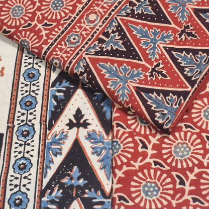 Ajrakh Cotton Natural Dye Three Colour Print | 3 Kam | Hand Block Print Dress Material with 44 Inch wide Dupatta - 2.5 Mt Top   -  SKU : AI03701G