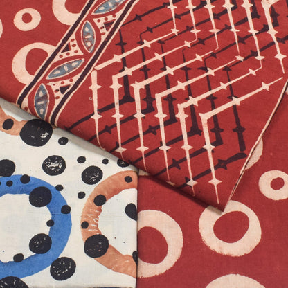 Ajrakh Cotton Natural Dye Three Colour Print | 3 Kam | Hand Block Print Dress Material with 44 Inch wide Dupatta - 2.5 Mt Top   -  SKU : AI03701L
