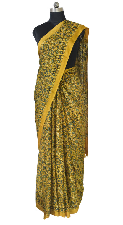 Ajrakh Modal Silk Natural Dye Hand Block Print Saree with Blouse Piece - 5.5 Mtr Length   -  SKU : AI1880AW
