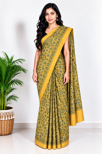 Ajrakh Modal Silk Natural Dye Hand Block Print Saree with Blouse Piece - 5.5 Mtr Length   -  SKU : AI1880AW