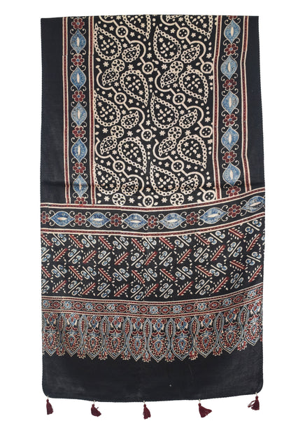 Ajrakh Mashru Silk Natural Dye Hand Block Print Stole With Tassels - 2 Mtr Length   -  SKU : AI07701G