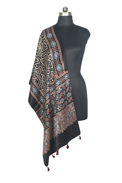 Ajrakh Mashru Silk Natural Dye Hand Block Print Stole With Tassels - 2 Mtr Length   -  SKU : AI07701G