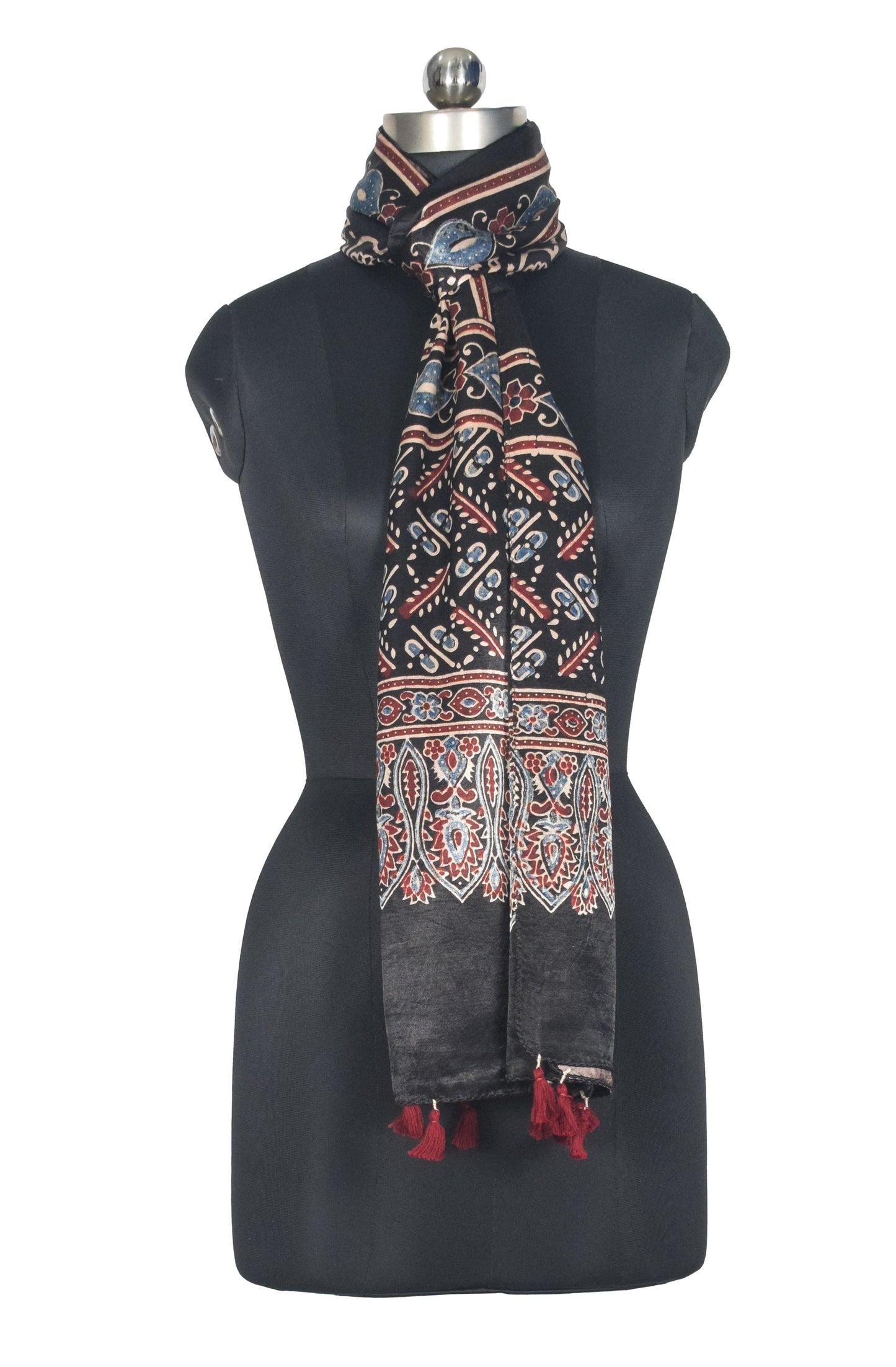 Ajrakh Mashru Silk Natural Dye Hand Block Print Stole With Tassels - 2 Mtr Length   -  SKU : AI07701G