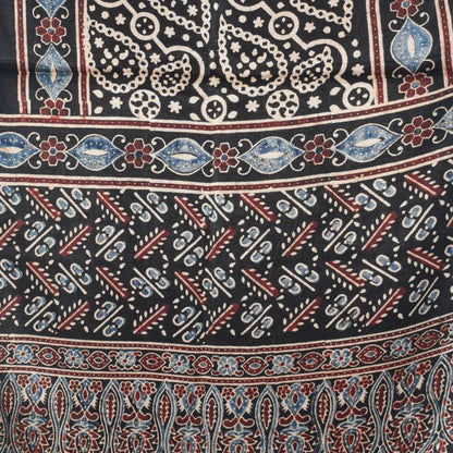 Ajrakh Mashru Silk Natural Dye Hand Block Print Stole With Tassels - 2 Mtr Length   -  SKU : AI07701G
