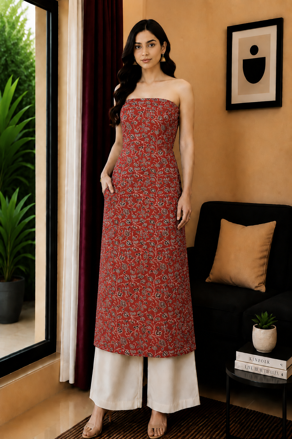 Ajrakh Modal Silk Natural Dye Hand Block Print Unstitched Kurta Fabric   3.00 Mtr Length  -  SKU : AI17102O