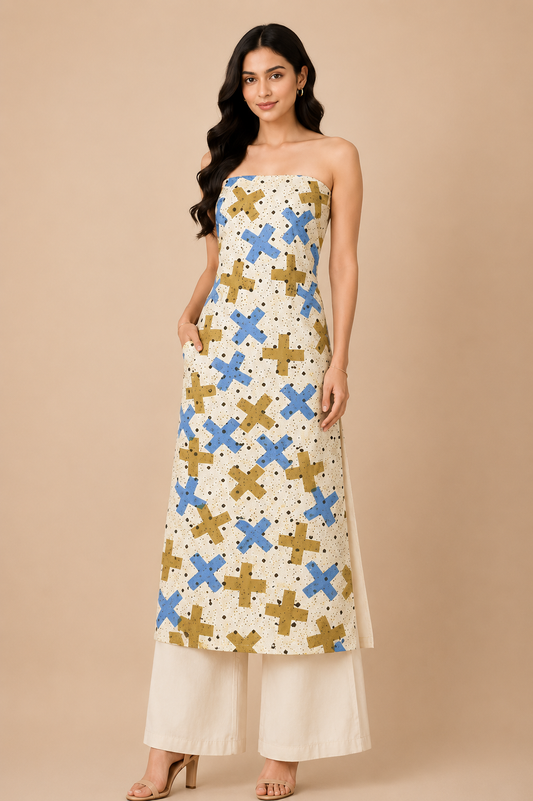 Hand Block Print Cotton Natural Dye Unstitched Kurta Fabric  2.5 Mtr Length - SKU : MS30501D