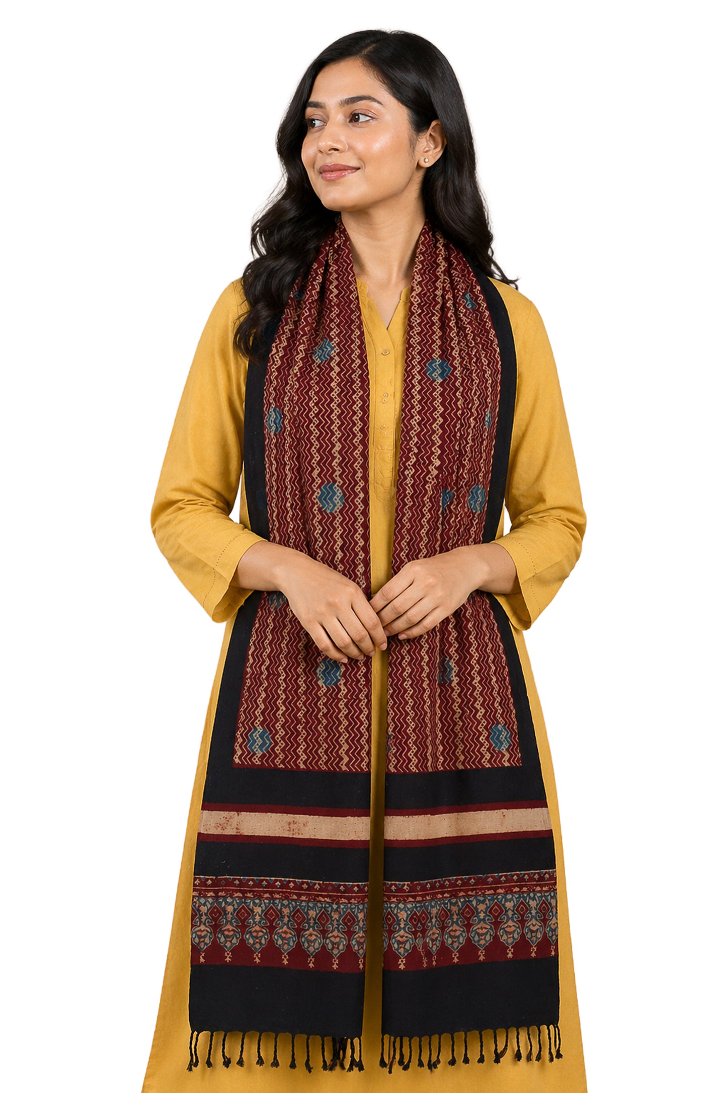 Ajrakh Kala Cotton Natural Dye Hand Block Print Stole With Tassels - 2 Mtr Length    -  SKU : EK26801I