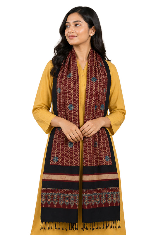 Ajrakh Kala Cotton Natural Dye Hand Block Print Stole With Tassels - 2 Mtr Length    -  SKU : EK26801I