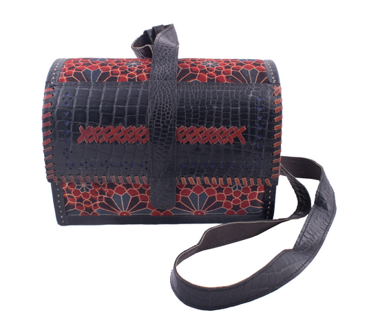 Leather Craft Punch Work Pure Leather Square - Leather Punch work with Handwork and Mashru Silk  Sling Bag    -  SKU: AB11803A